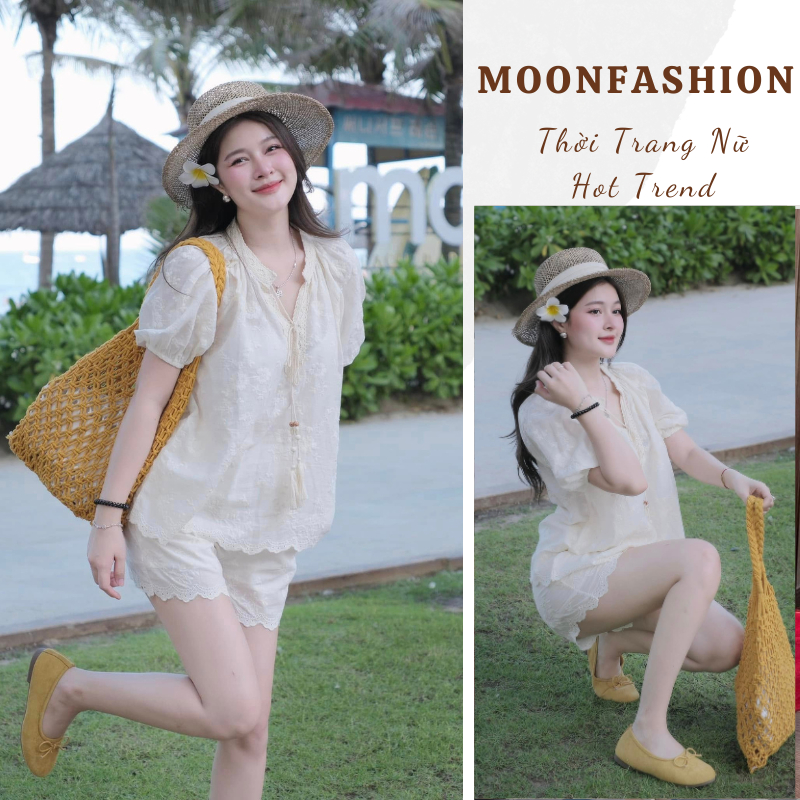 Đồ bộ nữ trắng cổ V tay bồng phối ren hoa mix quần short ngắn mặc đi biển, set đồ nữ phong cách nữ tính dễ thương