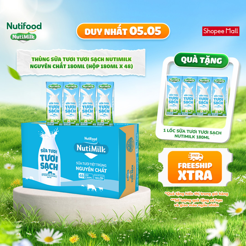 Ảnh Thùng Sữa Tươi Tươi Sạch NutiMilk Nguyên Chất 180ml (Hộp 180ml x 48) 1