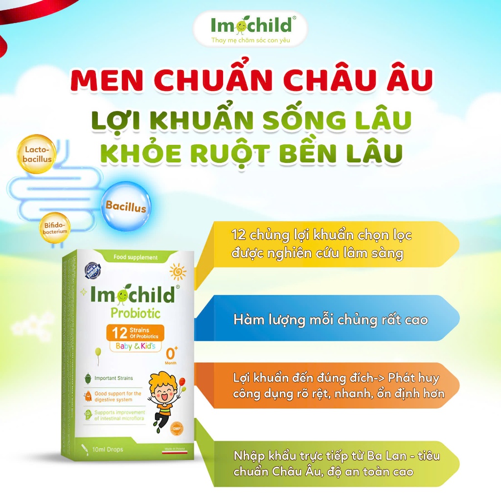 [✨QUÀ XỊN] Men Vi Sinh 12 Chủng Imochild Probiotic Cải Thiện Hệ Vi Sinh Đường Ruột Cho Bé Hộp 10ml