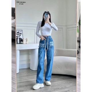 Quần Bò Jeans ống suông rộng nữ lưng cao phối Rách đùi gối cao cấp Avo Avocado