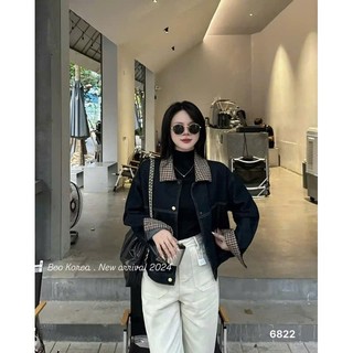 Áo khoác jeans nữ phối cổ và tay kẻ caro nâu 247store Form basic unisex cá tính Aojean8037
