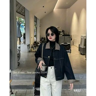 Áo khoác jeans nữ phối cổ và tay kẻ caro nâu 247store Form basic unisex cá tính Aojean8037