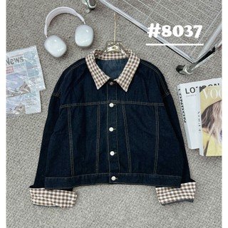 Áo khoác jeans nữ phối cổ và tay kẻ caro nâu 247store Form basic unisex cá tính Aojean8037