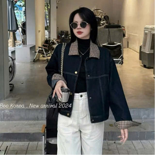 Áo khoác jeans nữ phối cổ và tay kẻ caro nâu 247store Form basic unisex cá tính Aojean8037
