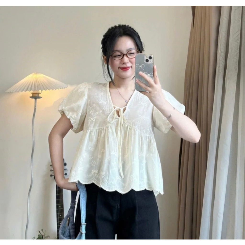 Áo babydoll tay phồng cổ V buộc nơ bánh bèo LABEL  A45