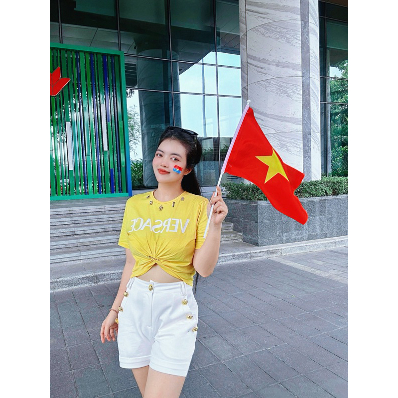 Set áo croptop đính charm cổ và váy quần nút siêu cấp