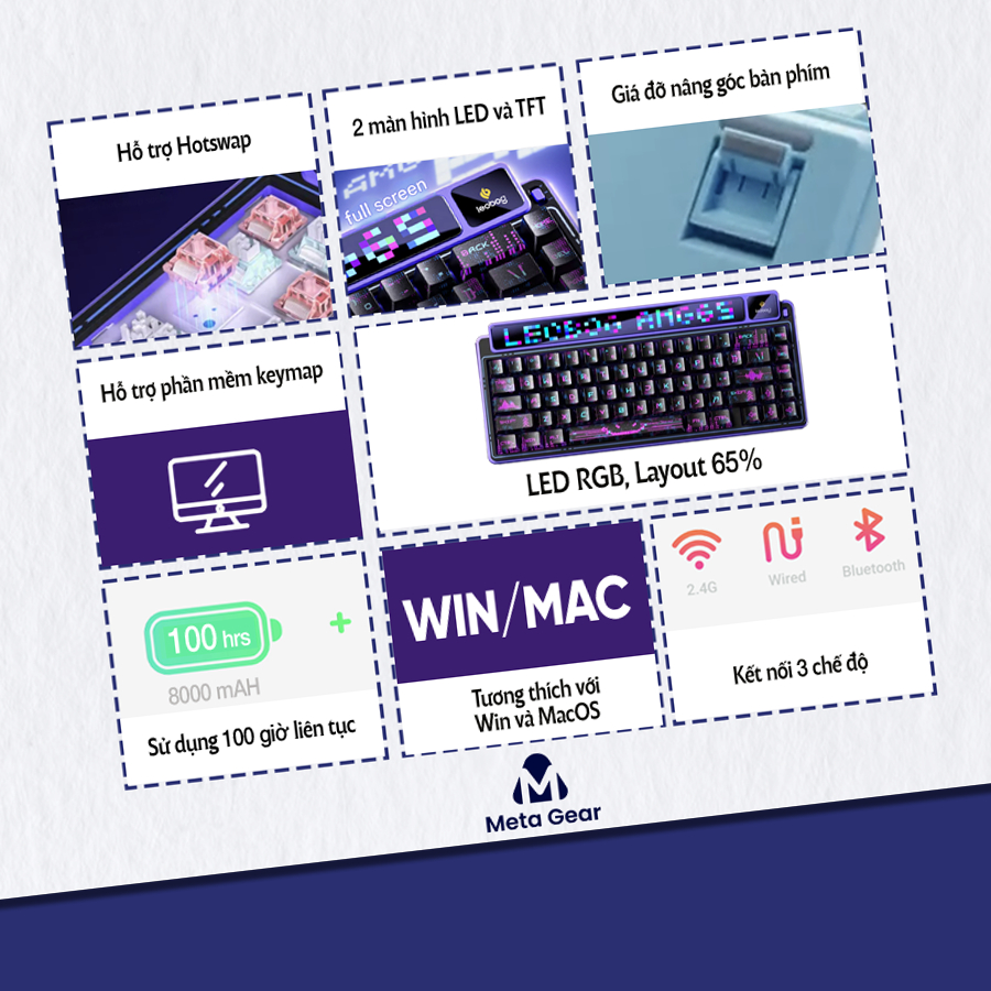 [CHÍNH HÃNG] Bàn phím cơ Bluetooth Leobog AMG65 - Led RGB, Hotswap, 3 mode kết nối, 2 màn hình led