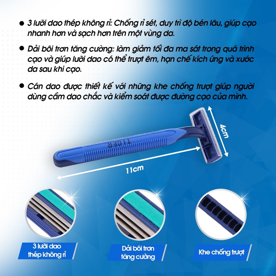 Dao cạo râu 3 lưỡi Ben 12 cây/ vỉ, đầu dao là 3 lưỡi kép, sắc bén, không gỉ Vien Dong Sai Gon