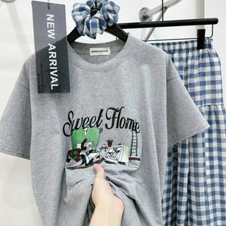Set Bộ Đồ Nữ Áo Phông Ngắn Tay In SWEET Home Kèm Dây Buộc Tóc Mix Chân Váy Kẻ Caro Dáng Dài Suông Rộng