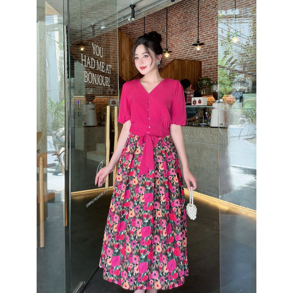 Ảnh Set áo trơn phối chân váy hoa dáng dài – Style du lịch biển hè Evalover 2