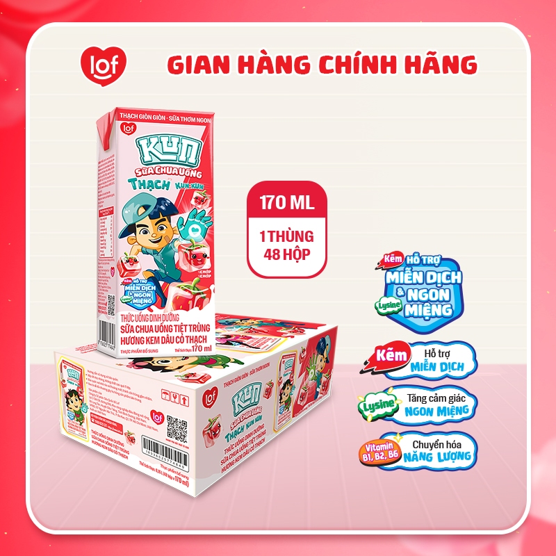 Kun Sữa chua uống hương Kem Dâu có Thạch thùng 48 hộp x 170ml