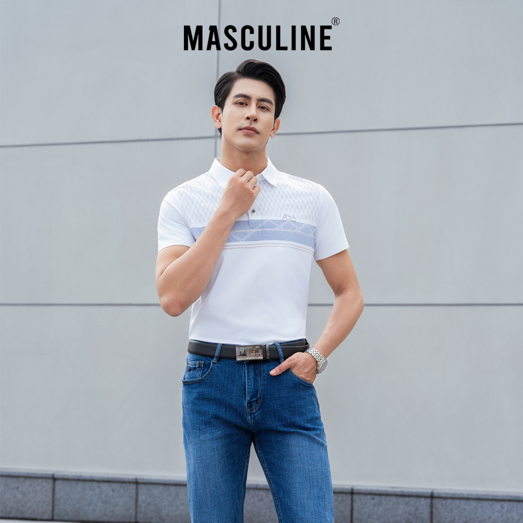 Áo polo nam cao cấp MASCULINE MPL500 Họa tiết kẻ ngang dáng Regular fit, Thấm hút mồ hôi tốt
