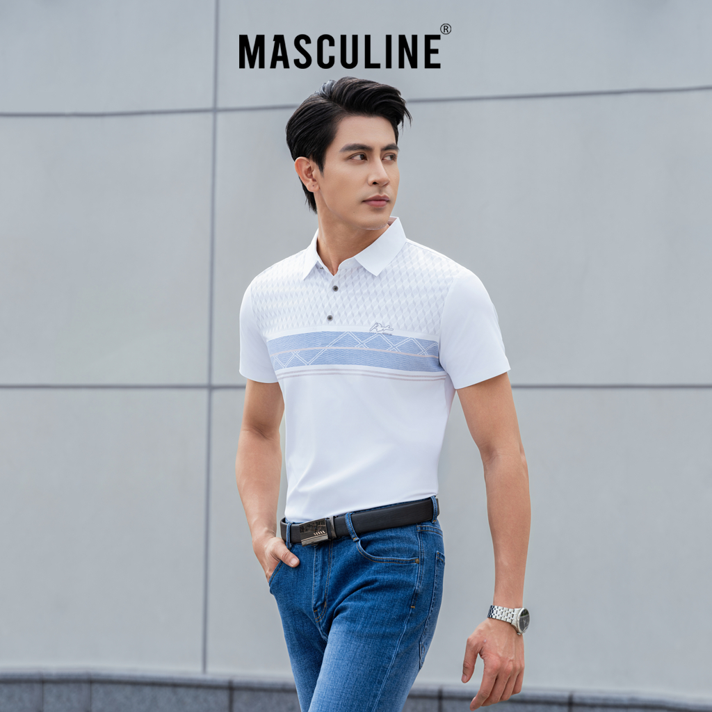 Áo polo nam cao cấp MASCULINE MPL500 Họa tiết kẻ ngang dáng Regular fit, Thấm hút mồ hôi tốt