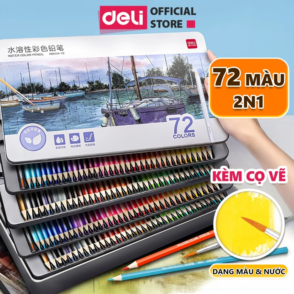 Bút Chì Màu Gốc Nước Chuyên Nghiệp Deli Kèm Cọ, Hộp Thiếc - 24/36/48 Màu Không Dễ Gãy Tô Màu Vẽ Tran