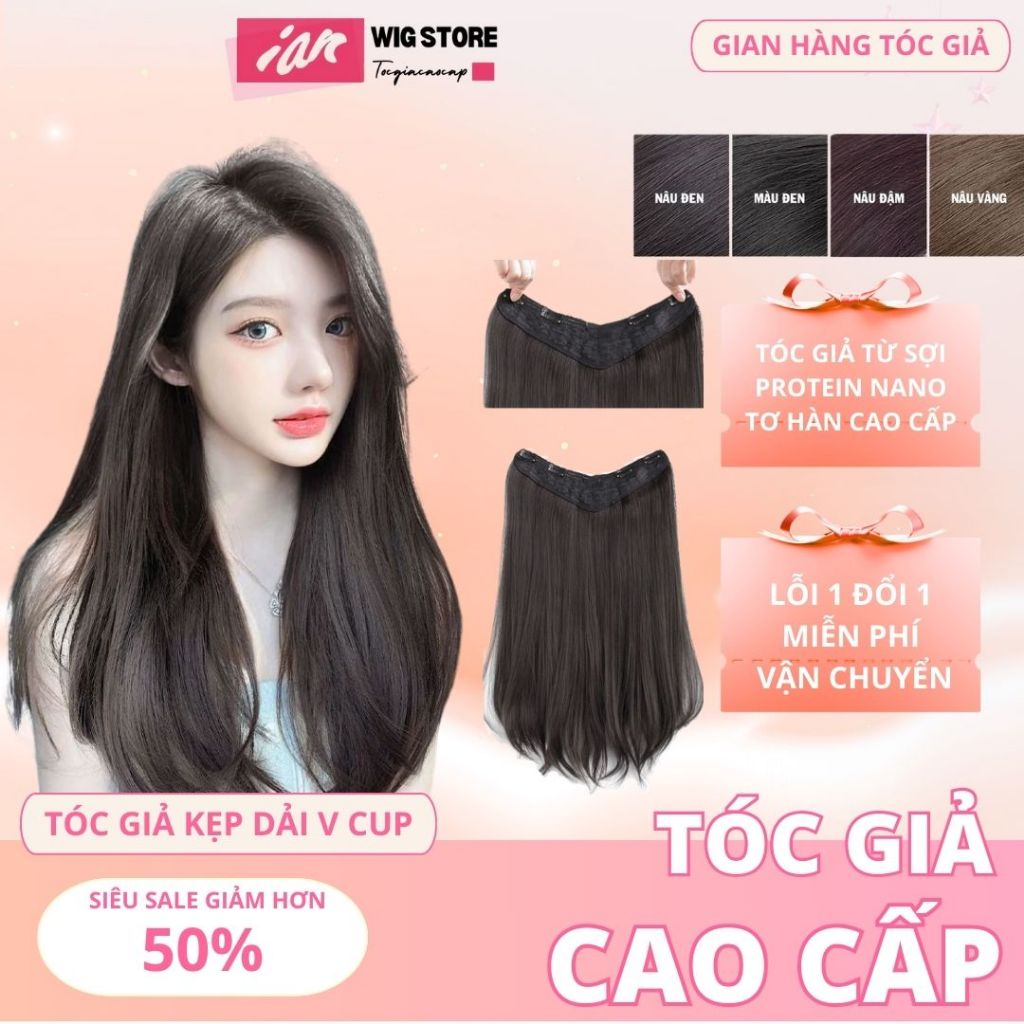 Tóc giả kẹp dải thẳng-Kẹp dải U nửa đầu cụp nhẹ 45cm