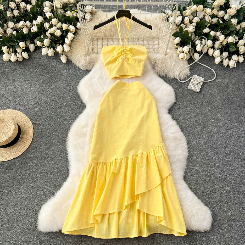 Sét maxi áo cổ yếm chân váy dáng dài cho mẹ và bé gái 12-55kg