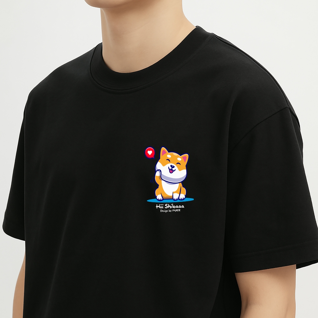 Áo thun đen in hình Hi Shiba co dãn thấm hút mồ hôi đủ size 40-100kg form rộng Basetee Unisex