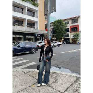 HALLO JEANS -  Quần jeans nữ ống suông xanh đậm phủ dơ cạp cao ulzzang hack dáng M005