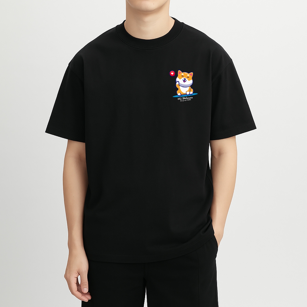 Áo thun đen in hình Hi Shiba co dãn thấm hút mồ hôi đủ size 40-100kg form rộng Basetee Unisex