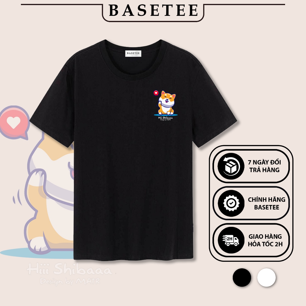 Áo thun đen in hình Hi Shiba co dãn thấm hút mồ hôi đủ size 40-100kg form rộng Basetee Unisex