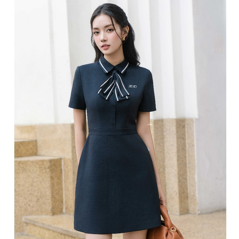 Đầm cổ đức, nơ cổ cách điệu chân A 1S34.2504K, váy dáng a dài trên gối cổ nơ điệu nữ tính thanh lịch công sở JM