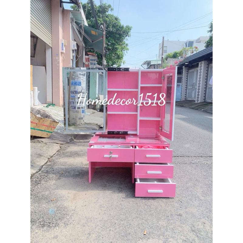 J82 - Bàn Trang điểm Ngồi Bệt gương đèn led cảm ứng có tủ trong gương, mặt bàn kính + cánh