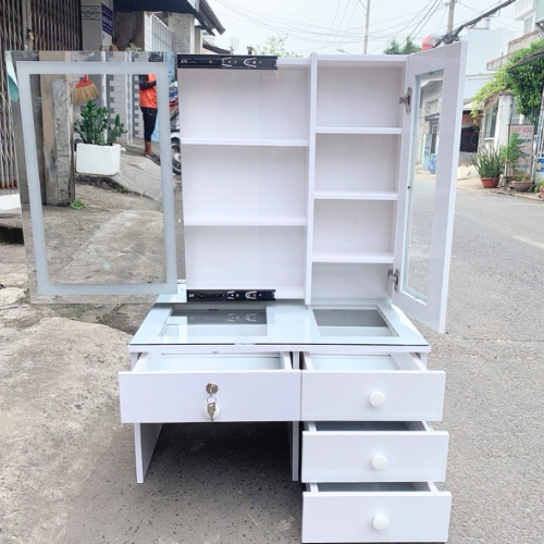 J82 - Bàn Trang điểm Ngồi Bệt gương đèn led cảm ứng có tủ trong gương, mặt bàn kính + cánh