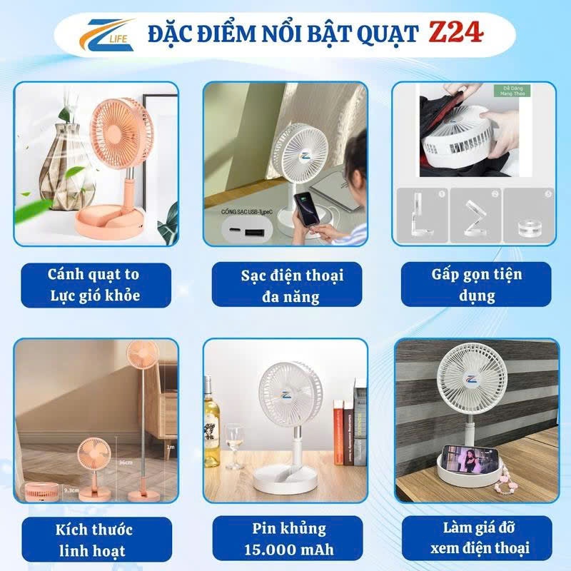 Quạt Tích Điện Pin Trâu Loại To 15.000mAh 4 Tốc Độ Gió, Dùng 20 Giờ, Quạt Sạc Tích Điện Để Bàn Z24