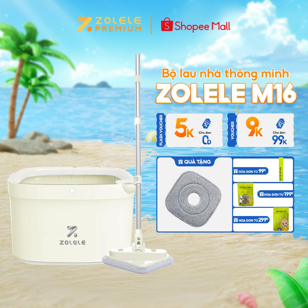 Ảnh Bộ cây lau nhà ZOLELE 360 độ tự vắt 2 ngăn tách riêng nước bẩn M16 Trắng Kem (Phiên bảng giới hạn) 1