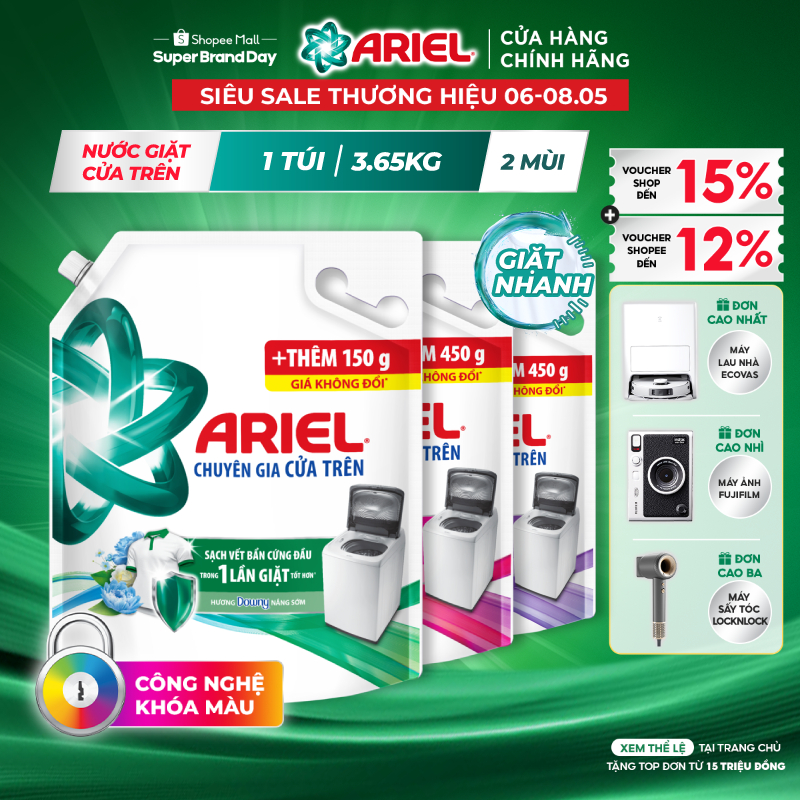 Đánh Bay Vết Bẩn, Khóa Màu Hoàn Hảo: Nước Giặt ARIEL Chuyên Gia Cửa Trên 3.65KG