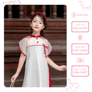 Áo dái cách tân bé gái HUMY NGO chất liệu tơ lụa ánh be phối đỏ cao cấp cho bé từ 14 - 42kg [98]