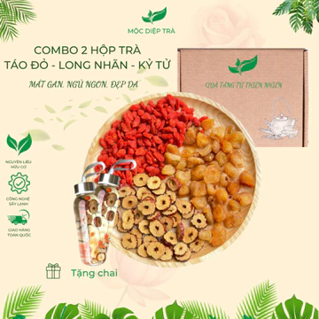 Combo 2 hộp An Mộc Trà 3 vị thảo mộc táo đỏ long nhãn kỷ tử, hộp 30 gói trà tặng kèm chai thủy tinh