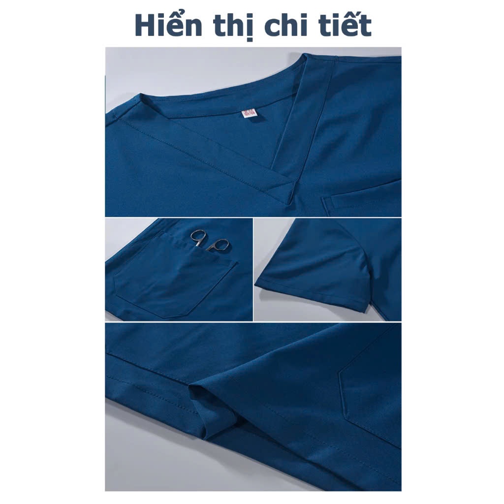 Bộ Scrubs chất liệu cotton lạnh cao cấp cổ tim màu đen, mềm mại, chống hút mồ hôi tốt, spa, y tế