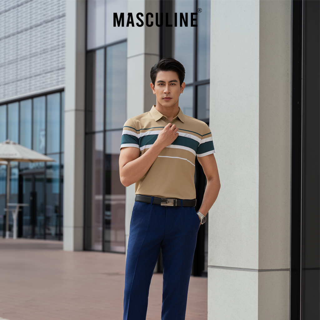 Áo polo nam cao cấp MASCULINE MPL502 Họa tiết kẻ ngang dáng Regular fit, chất liệu sợi tơ tằm