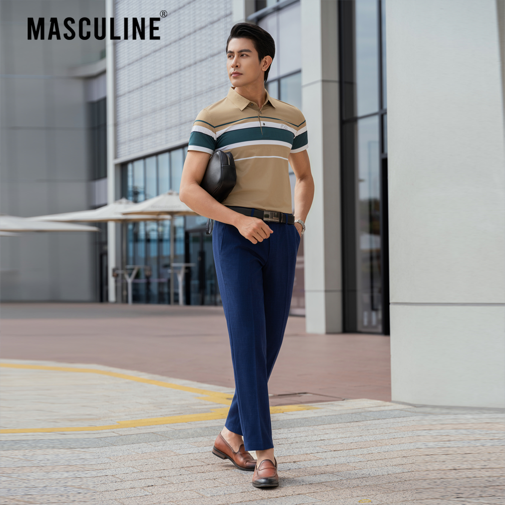 Áo polo nam cao cấp MASCULINE MPL502 Họa tiết kẻ ngang dáng Regular fit, chất liệu sợi tơ tằm