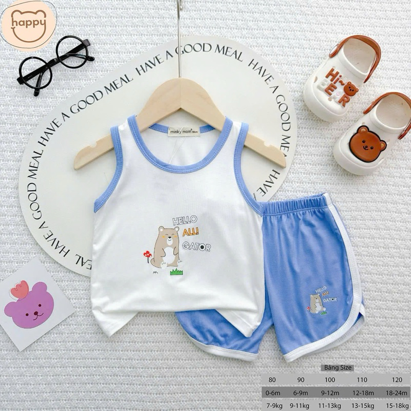 (LPBL 04) Bộ Ba Lỗ In Hình Tai Thú Dễ Thương Chất Vải Thun Lạnh Thoáng Mát Cho Bé Từ 7-18kg