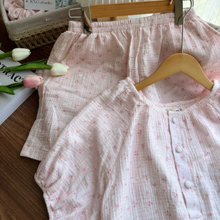 Đồ ngủ nữ tay ngắn quần đùi – Pyjama vải xô muslin cổ tròn hoạ tiết | KNG.studio (Tặng kèm dây buộc tóc scrunchies)