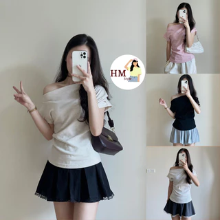 Áo thun lệch vai xếp ly eo điệu đà áo trễ vai nữ thắt eo tay cộc chất vải tăm lông thỏ ôm body HA500