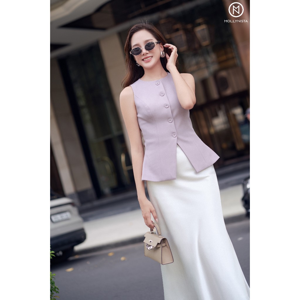 Ảnh Áo gile nữ MOLLYNISTA hai lớp cổ tròn sát nách chiết eo tôn dáng 3