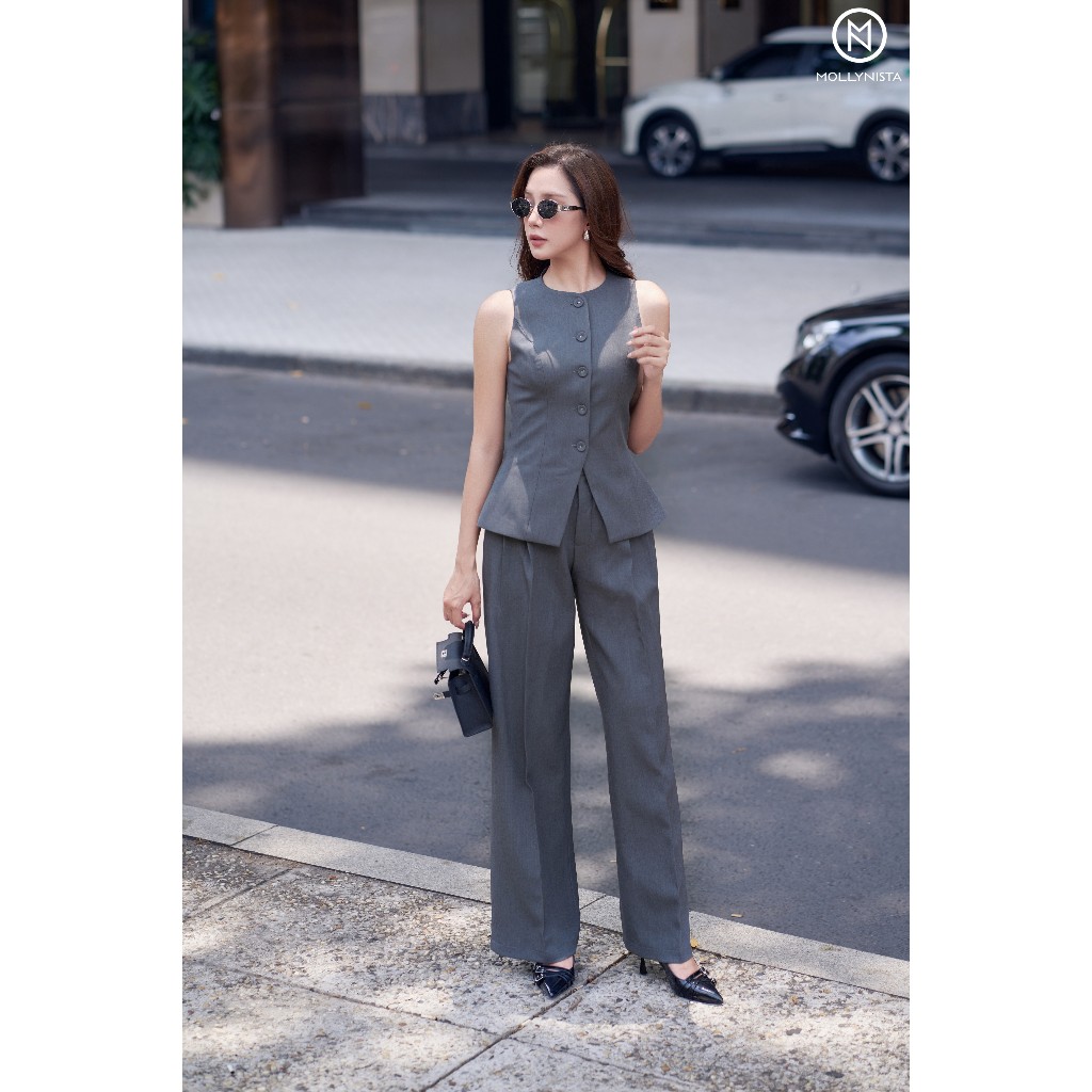 Ảnh Áo gile nữ MOLLYNISTA hai lớp cổ tròn sát nách chiết eo tôn dáng 4
