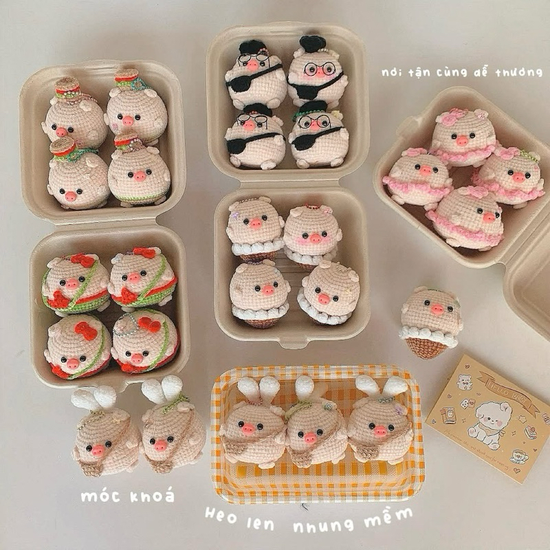 Móc Khoá Len Nhung Mịn Bé Heo Ú Mochi Kem Ốc Quế Tròn Ủm Heo Điệu Đà Đeo Tai Thỏ Handmade Dễ Thương