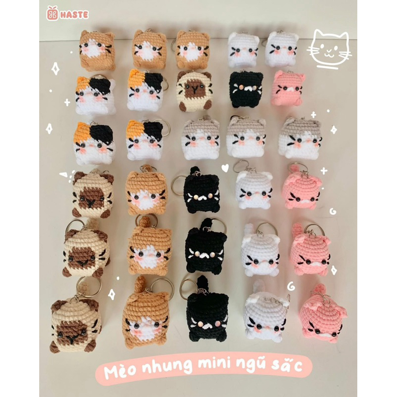 Móc Khoá Len Nhung Mịn Mèo Ú Mochi Handmade Dễ Thương