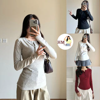 Áo thun dài tay cúc xẻ chất tăm lông thỏ mềm mịn, áo thun ôm body phong cách Hàn Quốc HA888