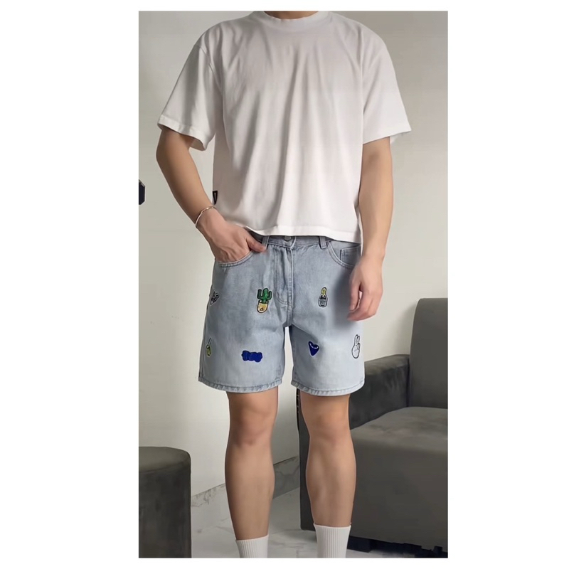 Quần Short Jeans Nam Thêu Sticker Form Rộng Trên Gối Denim Cao Cấp Unisex TMT.STU | TMTD38