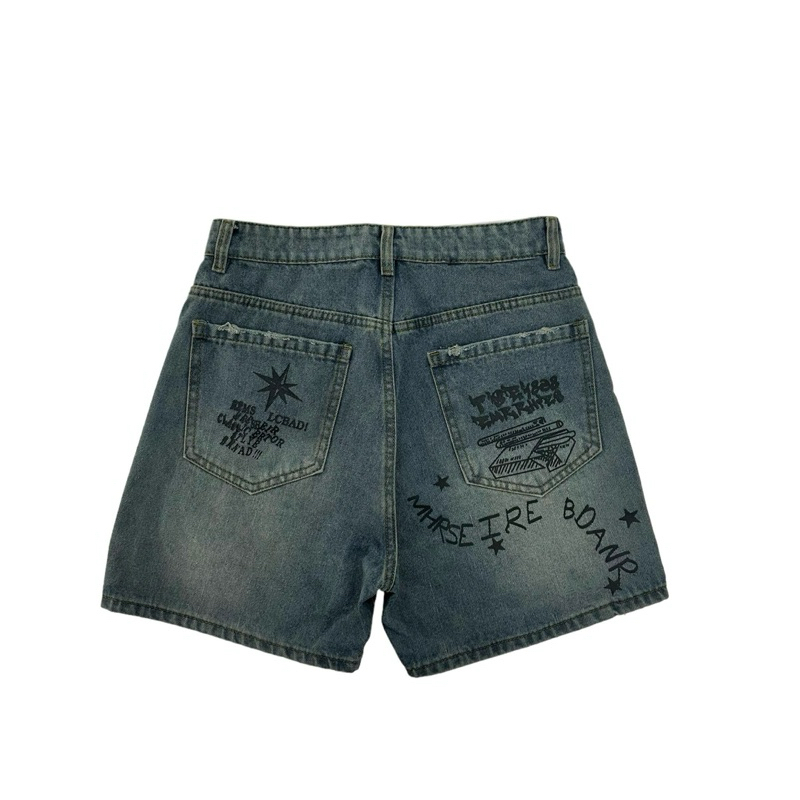 Quần Short Jean In Graphic Unisex Form Trên Gối, Jean Cotton Denim 360GSM, Wash Vintage, Local Brand TMT.STU | TMTD44