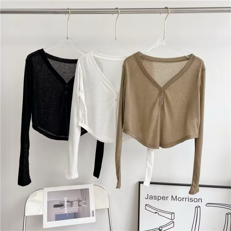 Áo top dài tay mặc ngoài bra cổ V phong cách thời trang, thanh lịch