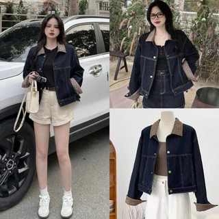 Áo khoác jeans nữ phối cổ và tay kẻ caro nâu 247store Form basic unisex cá tính Aojean8037