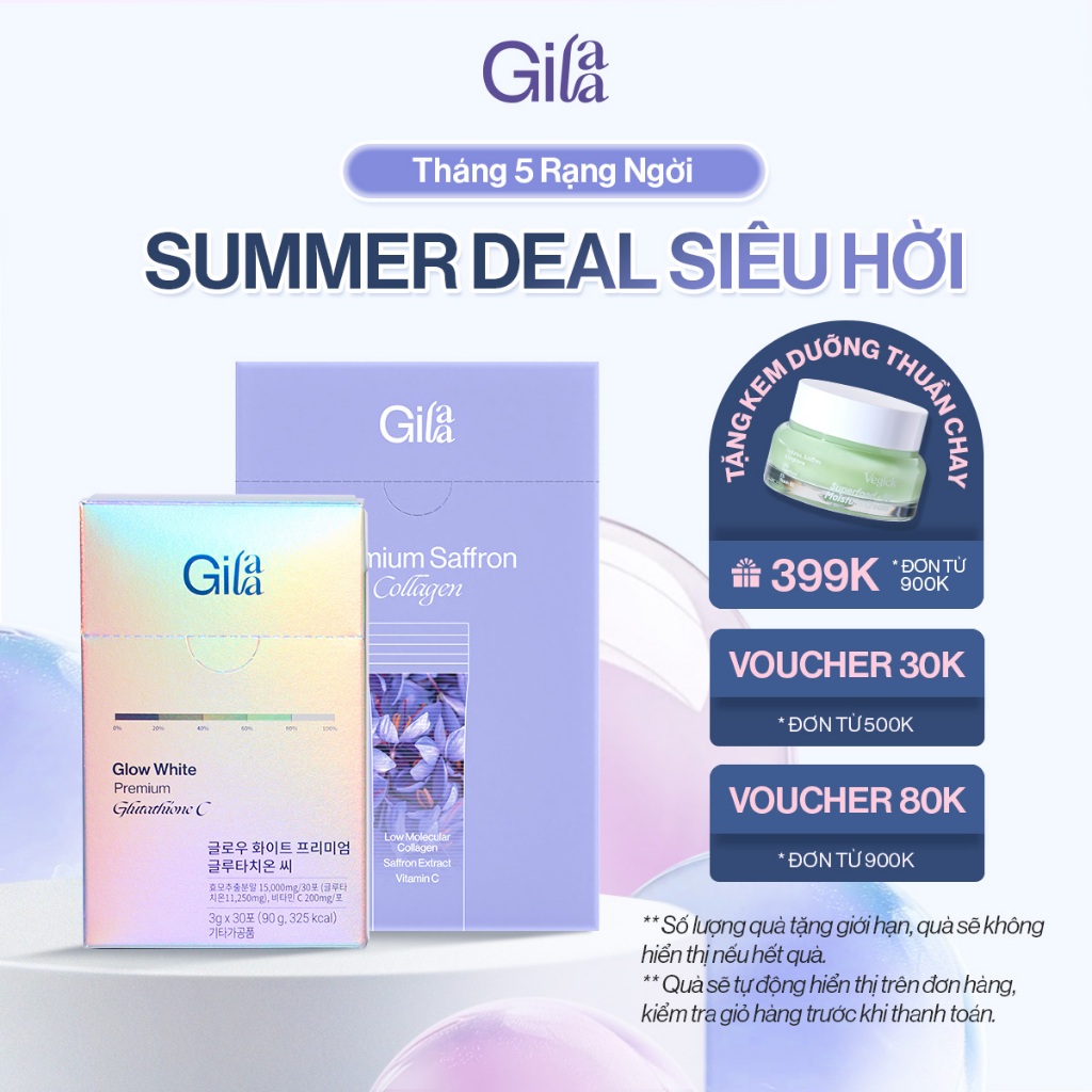 Ảnh Combo Căng Bóng Trắng Da Bột Ngậm Glutathione C (3g x 30 gói) và Bột Uống Collagen Gilaa (2g x 60 gói) 1