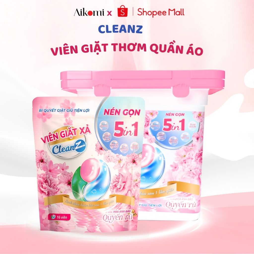Ảnh Combo 3 túi/hộp viên giặt thơm CleanZ giặt sạch diệt khuẩn tiện lợi 5 trong 1 (16 viên) Hương Hoa Đào Thơm Mát 1