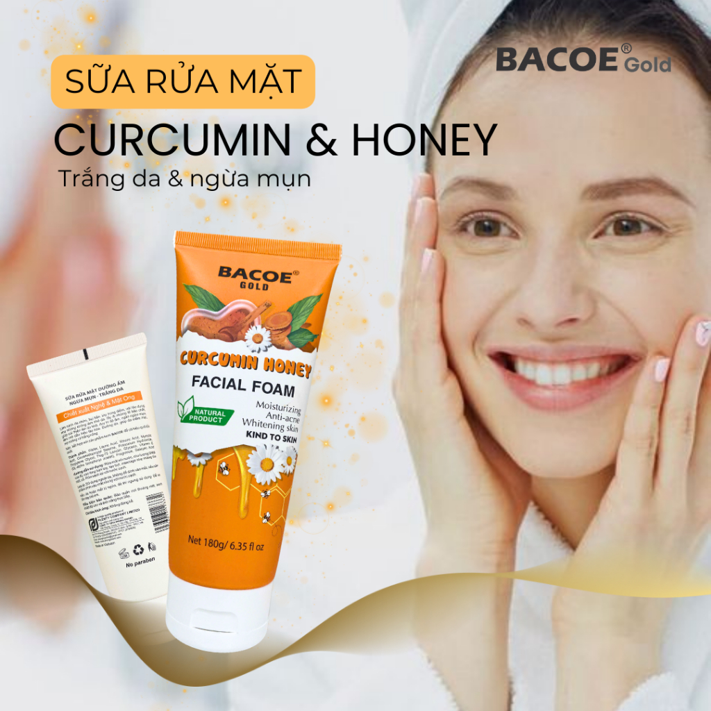 Sữa Rửa Mặt Bacoe Gold Tinh Chất Nghệ Mật Ong Trắng Da Ngừa Mụn 180g